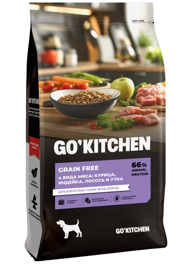Сухой корм GO'KITCHEN для взрослых собак всех пород с курицей, индейкой, лососем и уткой, 18 кг фото 1