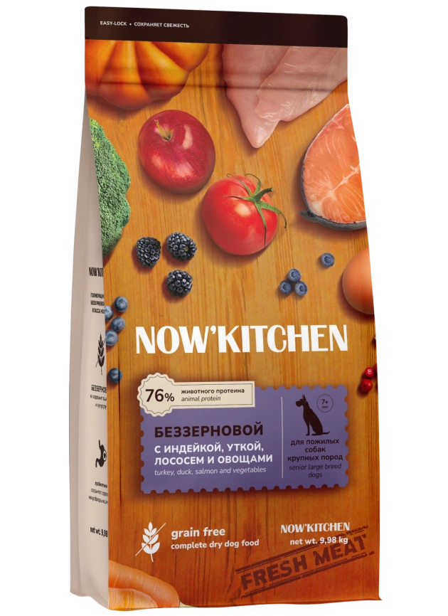 Сухой корм NOW'KITCHEN Fresh Senior для собак крупных пород старше 7 лет со свежей индейкой,уткой,лососем, 9.98 кг фото 1