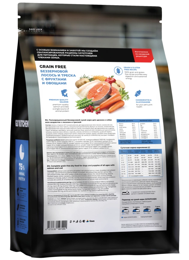 Сухой корм GO'KITCHEN Для щенков и собак всех возрастов с лососем, треской, фруктами и овощами, 1.59 кг фото 2