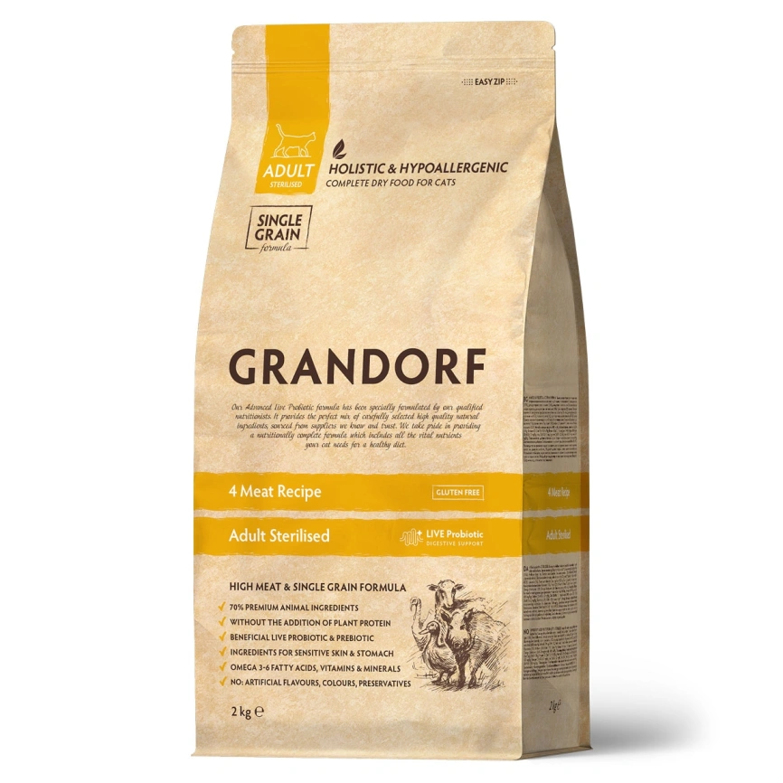 Сухой корм Grandorf 4 Meat Probiotic Sterilised Четыре вида мяса для стерилизованных кошек, 2 кг фото 1