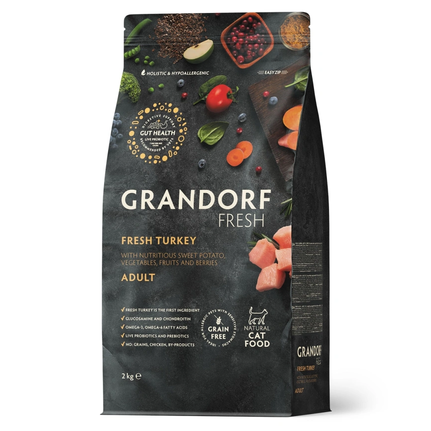 Сухой корм Grandorf Fresh Cat для взрослых кошек диетическая формула для особо аллергичных кошек индейка с бататом 2 кг фото 1