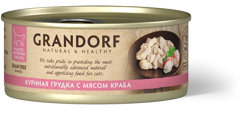 Влажный корм консервы Grandorf Chicken with crab in broth Куриная грудка с мясом краба в бульоне, 70 г фото 1