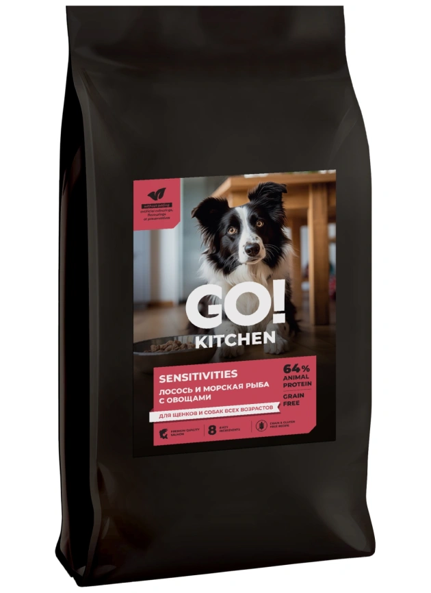 Сухой корм GO'KITCHEN для щенков и собак всех возрастов для чувствительного пищеварения с лососем и морской рыбой, 9.98 кг фото 3