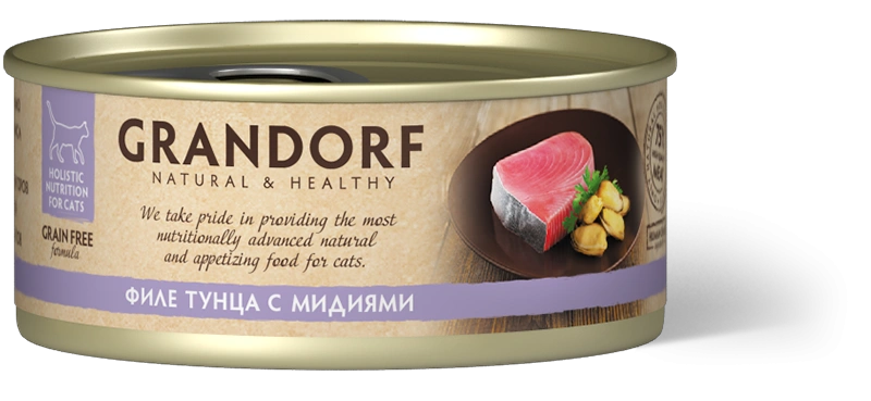 Влажный корм консервы Grandorf Tuna with mussel in broth Филе тунца с мидиями в бульоне, 70 г фото 1