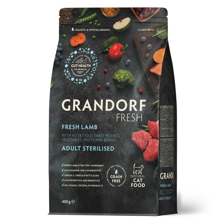 Сухой корм Grandorf Fresh Cat для стерилизованных кошек чувствительное пищеварение или склонность к аллергии ягненок с бататом 400 г фото 1