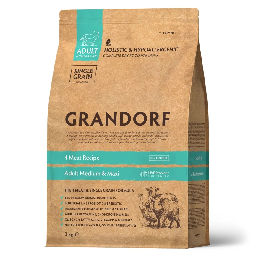 Сухой корм Grandorf 4 Meat Probiotic Med & Maxi Четыре вида мяса для взрослых собак средних и крупных пород, 3 кг фото 1