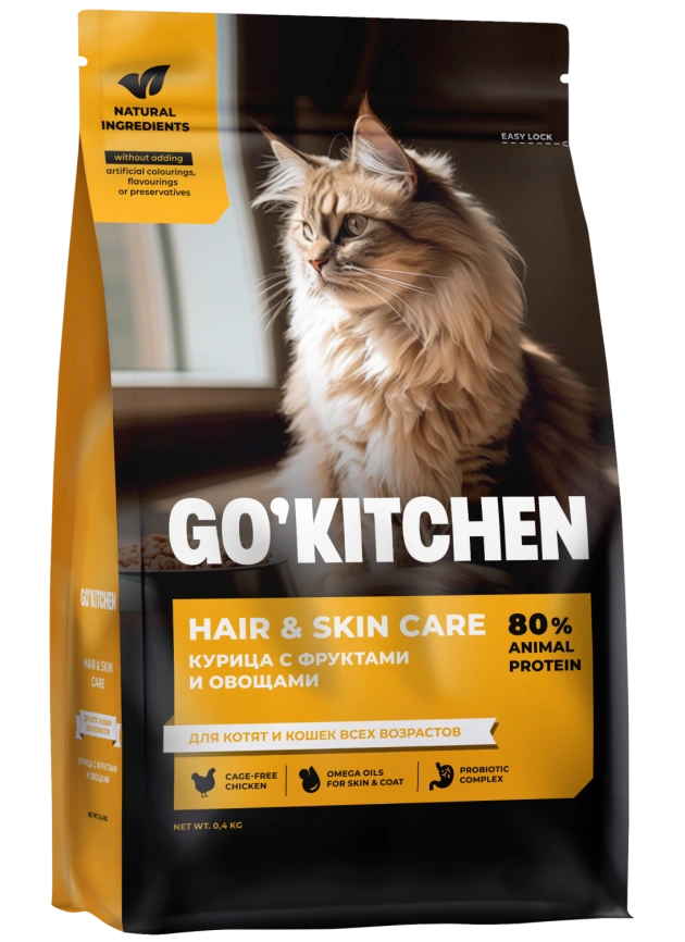 Cухой корм Go'Kitchen для котят и кошек всех возрастов, Hair & Skin Care, cо свежей курицей, фруктами и овощами, 400 г фото 1
