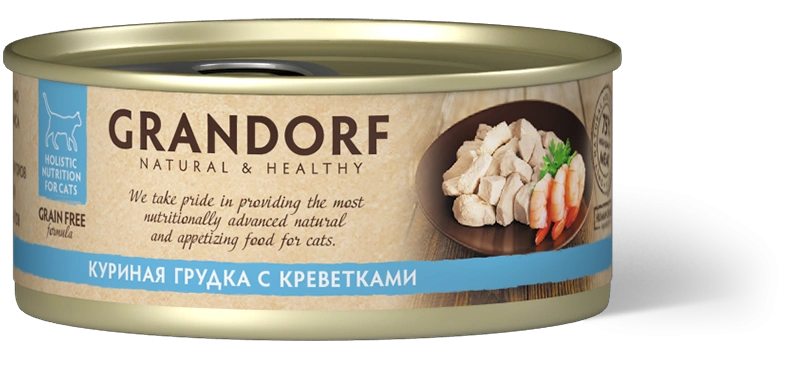 Влажный корм консервы Grandorf Chicken with prawn in broth Куриная грудка с креветками в бульоне, 70 г фото 1