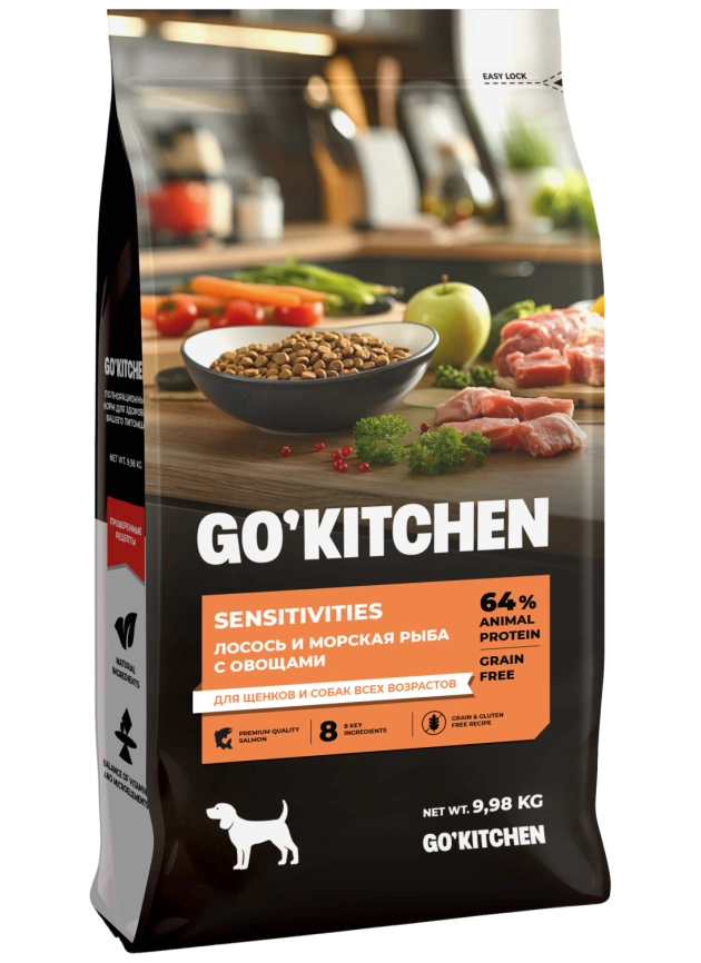 Сухой корм GO'KITCHEN для щенков и собак всех возрастов для чувствительного пищеварения с лососем и морской рыбой, 9.98 кг фото 2
