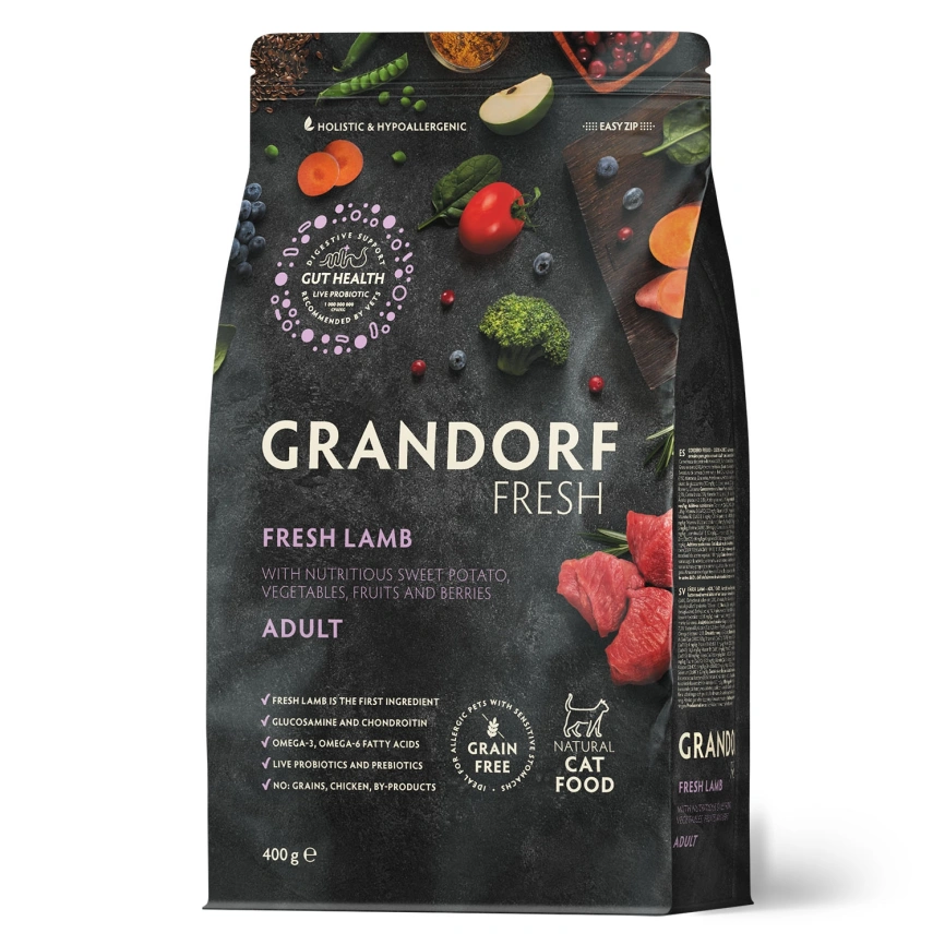 Сухой корм Grandorf Fresh Cat для взрослых кошек чувствительное пищеварение или склонность к аллергии ягненок с бататом 400 г фото 1