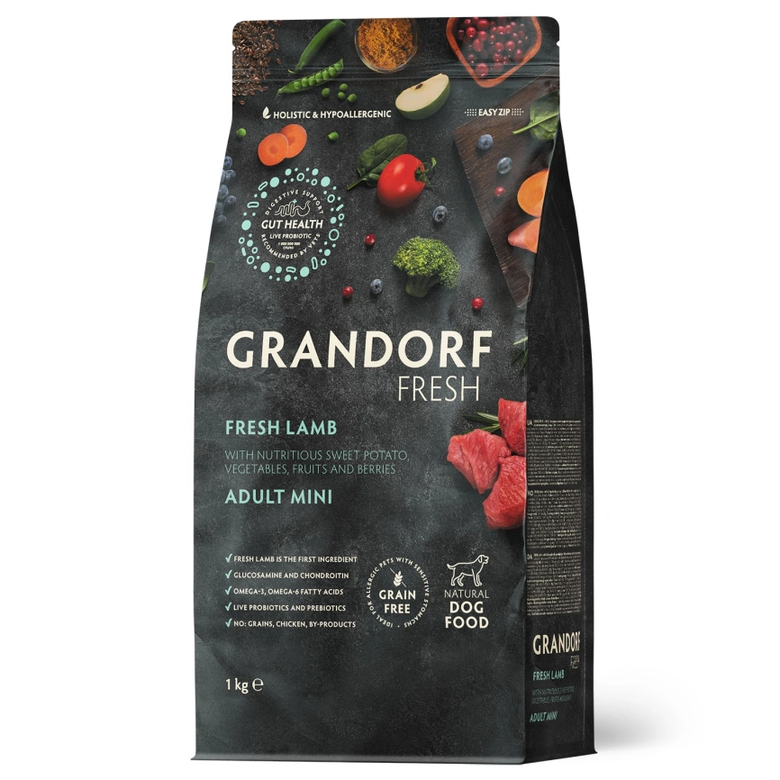 Сухой корм Grandorf Fresh Dog для взрослых собак мелких пород чувствительное пищеварение и гипоаллергенный ягненок с бататом 1 кг фото 1