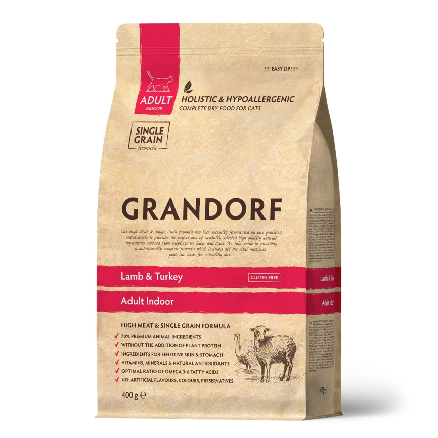 Сухой корм Grandorf Lamb & Turkey Indoor Ягненок с индейкой для домашних кошек, 400 г фото 1