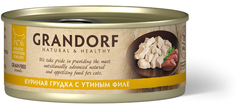 Влажный корм консервы Grandorf Chicken with duck in broth Куриная грудка с утиным филе в бульоне, 70 г фото 1