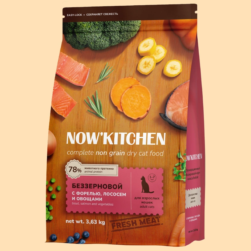 Сухой корм NOW'KITCHEN Fresh Adult для взрослых кошек со свежей форелью, лососем и овощами, 3.63 кг фото 1