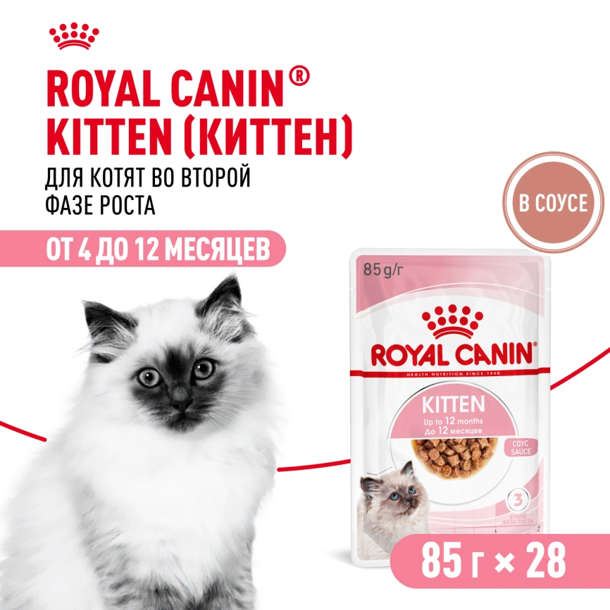 Влажный корм Royal Canin Kitten в соусе для котят до 12 месяцев, пауч, 85 г фото 19