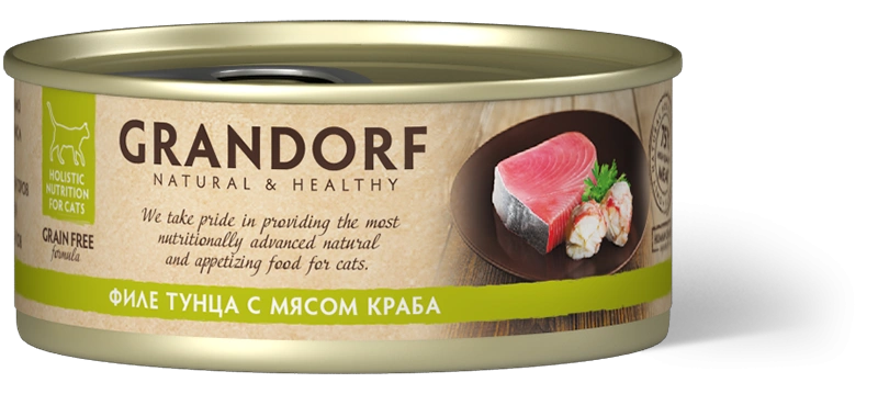 Влажный корм консервы Grandorf Tuna with crab in broth Филе тунца с мясом краба в бульоне, 70 г фото 1