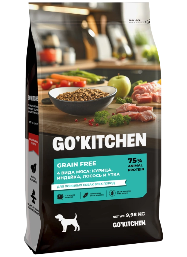 Сухой корм GO'KITCHEN для пожилых собак всех пород с курицей, индейкой, лососем и уткой, 9.98 кг фото 2