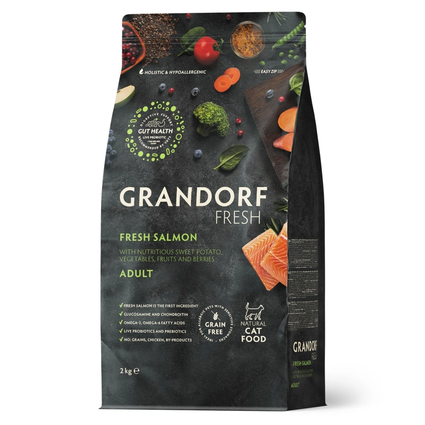 Сухой корм Grandorf Fresh Cat для взрослых кошек для здоровья кожи и шерсти или склонных к аллергии лосось с бататом 2 кг фото 1